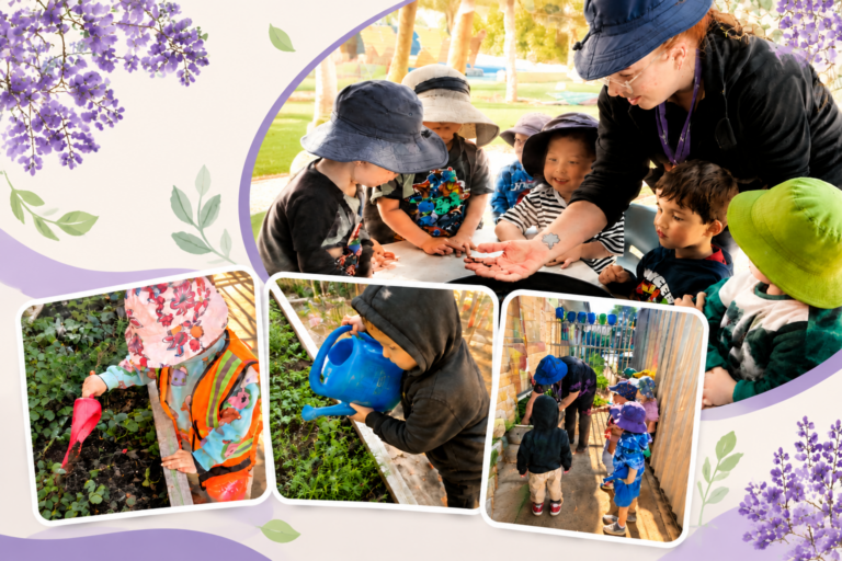 Children participating in nature-based learning activities including gardening and outdoor exploration at Jacaranda Childcare Centre High Wycombe.