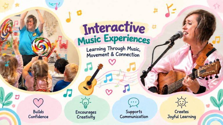 Children participating in interactive music experiences with educators at Jacaranda Childcare Centre High Wycombe through singing, movement and creative play.